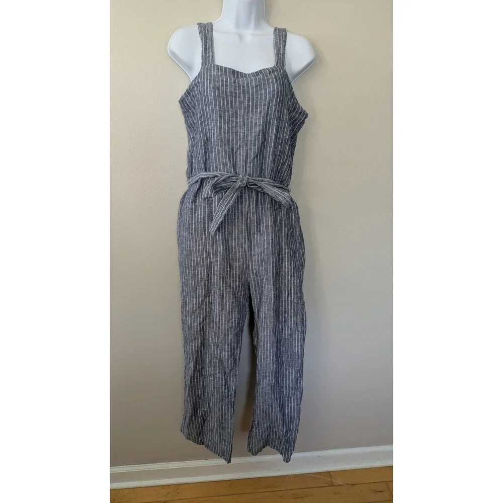 Quince 100% European Linen Square Neck Jumpsuit M Blue Stripe Wide Leg Relaxed